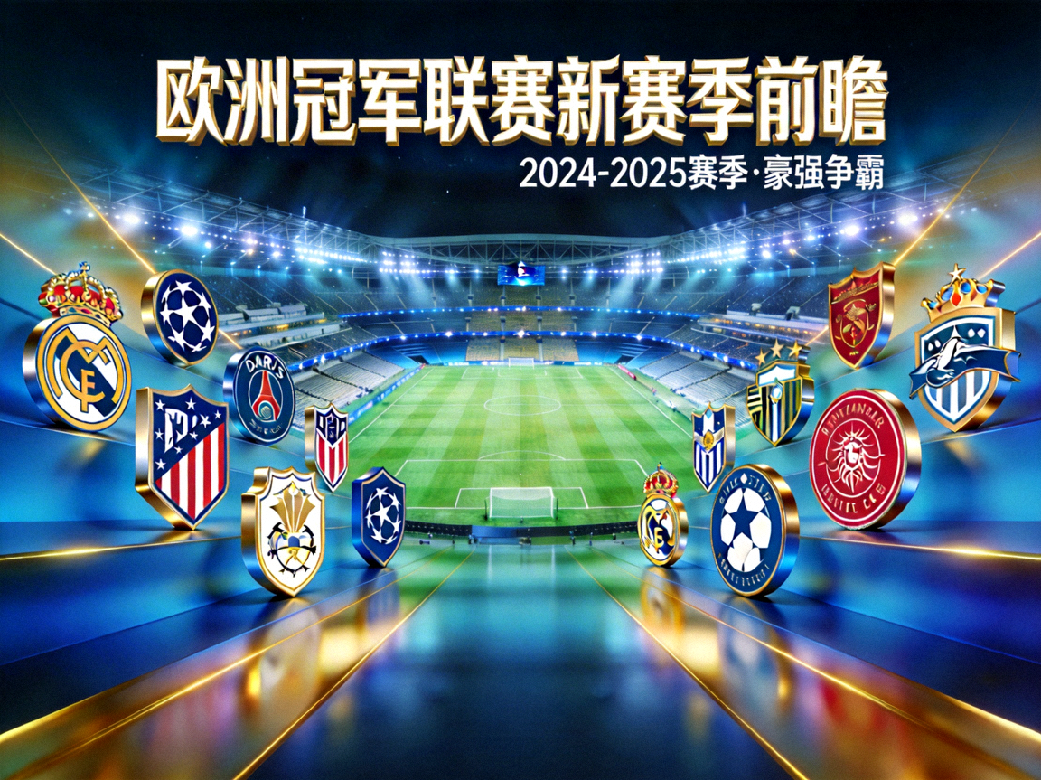 欧洲冠军联赛新赛季前瞻专题配图，展示球场与球队徽章